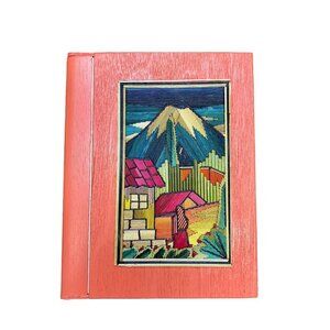 Wooden Notebook with Mexican Straw Popote or Popotillo Folk Art Mosaic Painting
